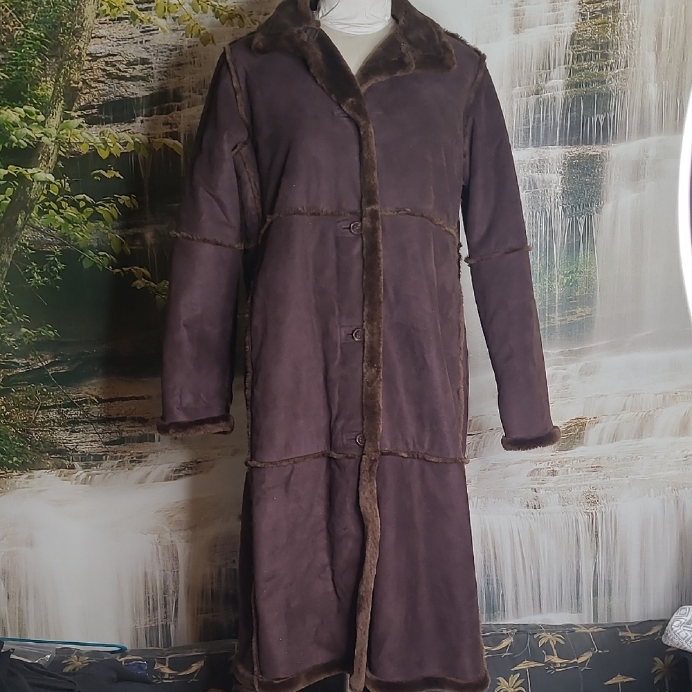 St Johns Bay Womens Large Petite Faux Suede Brown Long Trench Coat with Fur Trim